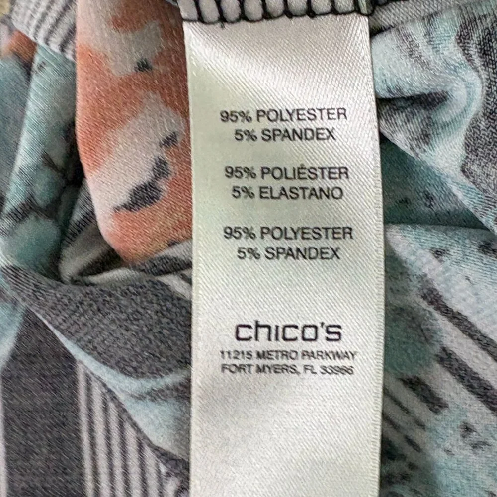 Chicos Top Womens 3 US XL Orange Blue Floral Striped 3/4 Sleeve V Neck Blouse